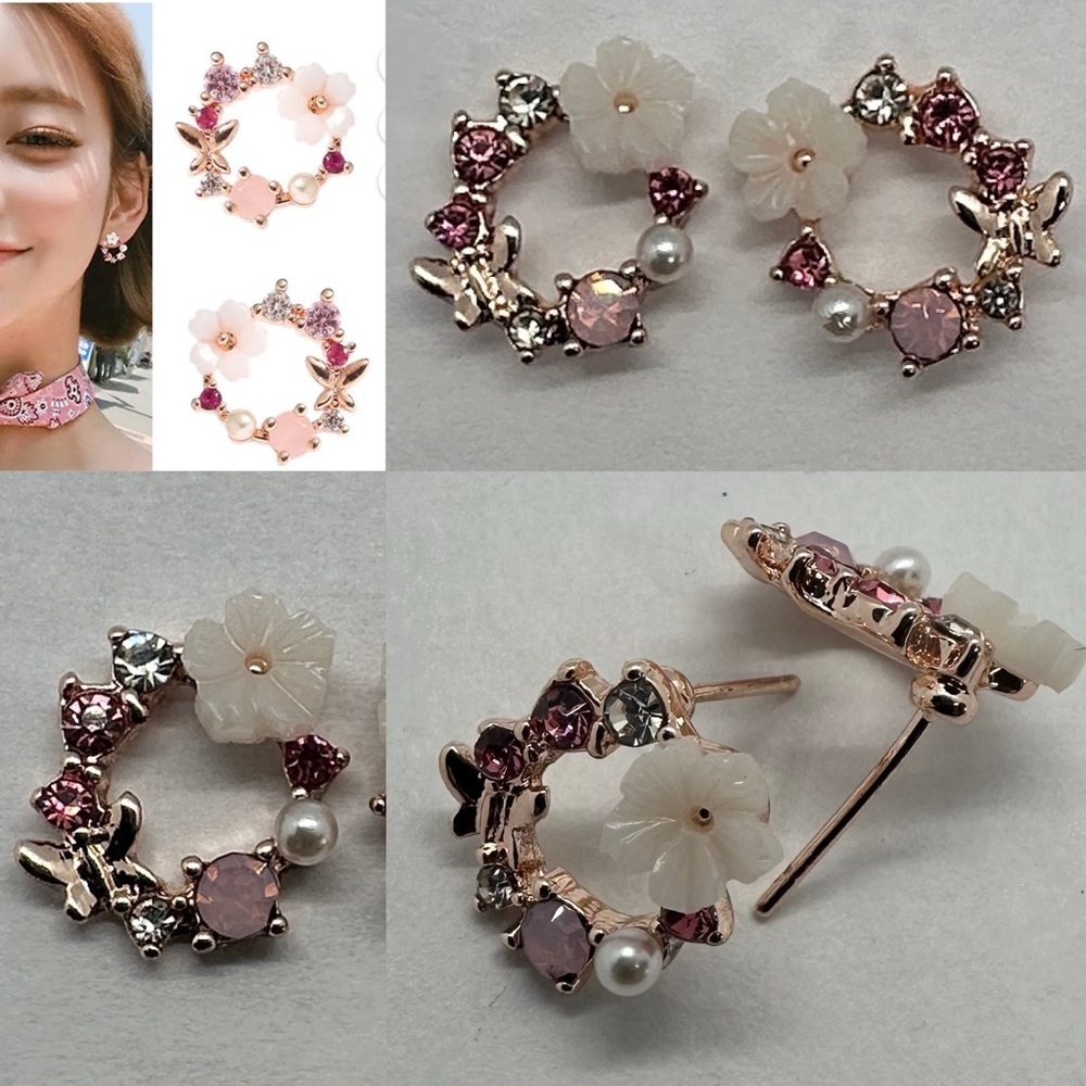 ✨💖 Rose Gold Cherry Blossom Wreath Stud Earrings - Crystal & Pearl Accents -✨💖